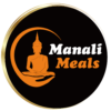 A circular logo with a black background featuring a golden border. A silhouette of a Buddha meditating is placed within the circle, surrounded by a crescent moon. The words "Manali Meals" are written in white below the Buddha.