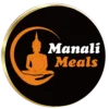 A circular logo with a black background featuring a golden border. A silhouette of a Buddha meditating is placed within the circle, surrounded by a crescent moon. The words "Manali Meals" are written in white below the Buddha.